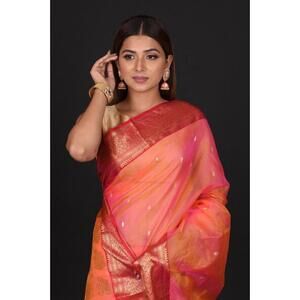 Pink Peach Pure Organza Silk Saree sari wedding party wear For Women
